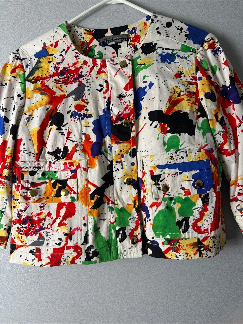 Muse White Cropped Blazer with Multicolor Paint-Splash Print - Picture 2 of 10